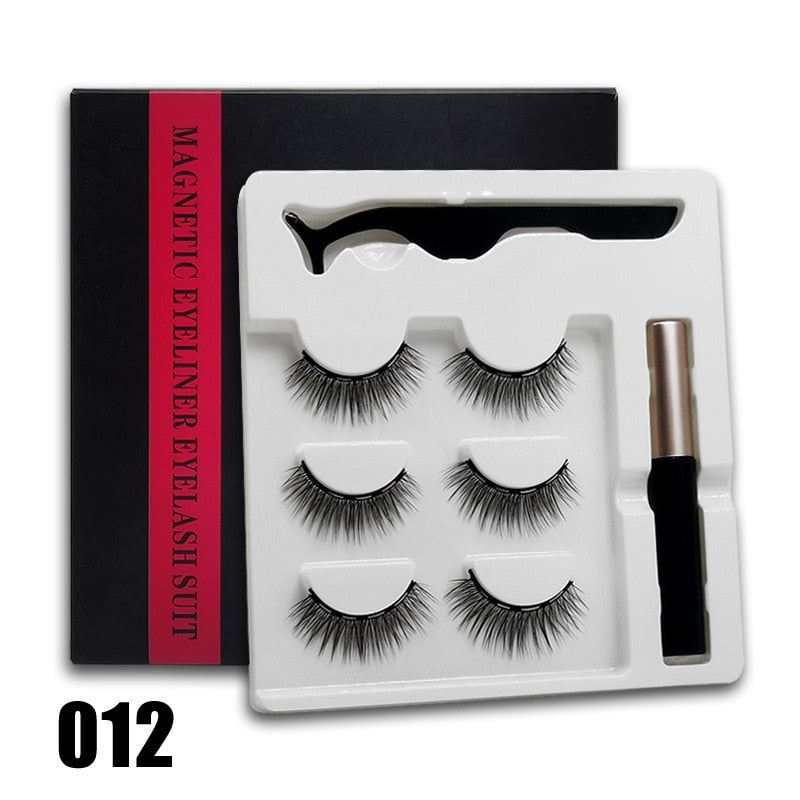 3 Paar 3D-magnetische Wimpern und flüssiger Eyeliner-Kit, natürlicher Look