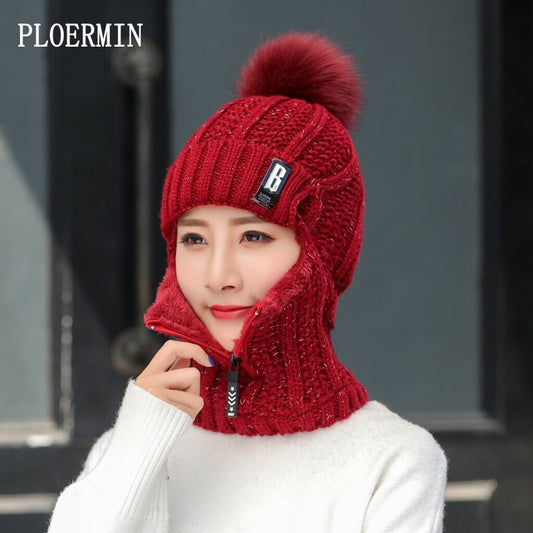 Winter Outdoor Winddicht Wollstrickmütze  für Frauen, Winddichte Bommelmütze mit Schlauchschal