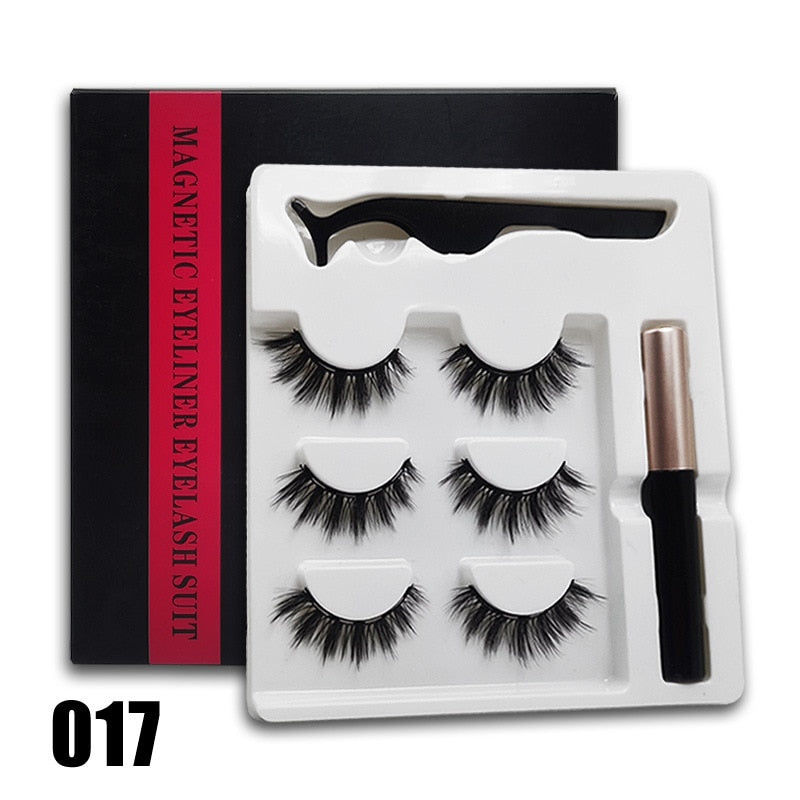 3 Paar 3D-magnetische Wimpern und flüssiger Eyeliner-Kit, natürlicher Look