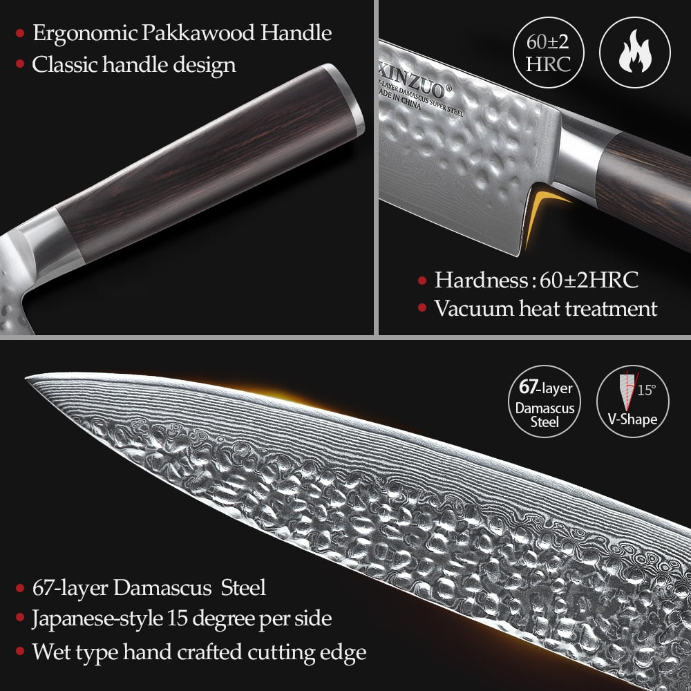 XINZUO 5PCS Kitchen Knives Set Japanese Damascus Stainless Steel New designed Knife Cleaver Nakiri Knife with Pakkawood Handle