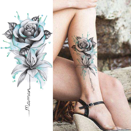 Aquarell Blume temporäre Tattoos Aufkleber, Realistische Gefälschte Rose, Wasserdichte Tätowierung Für Frauen & Mädchen
