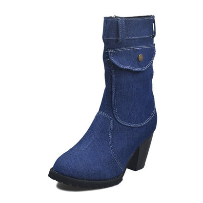 Blaue Jeansstiefel Damen Mid-Rise Rome Solid Slip-On Chunky Med Heels Boots Wild Vintage Large Size Damenschuhe