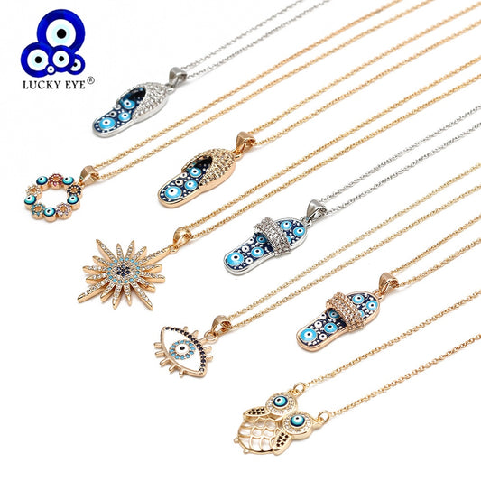 Lucky Eye Eulenherz Fatima Handpantoffeln Türkischer Böser Blick Anhänger Halskette Kupfer Goldfarbe, Langkettige Halskette für Frauen BE132