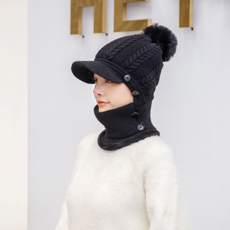 Warmer Hals Strickmütze Pelz Pompoms, Maske Wintermütze für Damen, Wolle Strickmütze