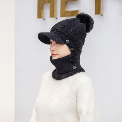 Warmer Hals Strickmütze Pelz Pompoms, Maske Wintermütze für Damen, Wolle Strickmütze