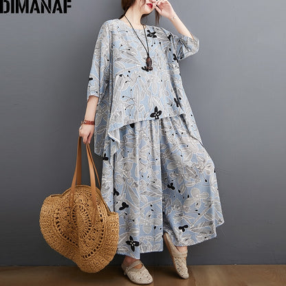 DIMANAF Plus Größe Zwei Stück Set Anzug, elegante weiblichen Tops Hemd Leinen lose Hosen für den Sommer