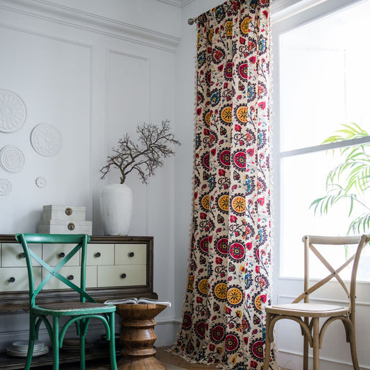 Böhmische Blume Leinenvorhänge mit Spitze für Wohnzimmer, Schlafzimmer, Küchenfenstervorhang