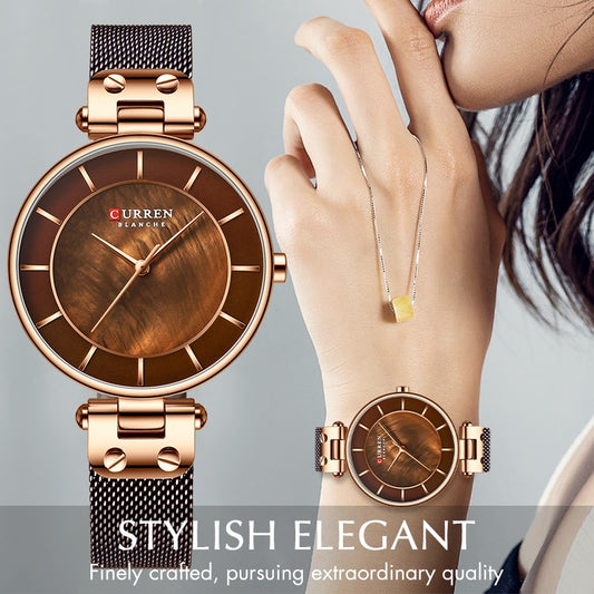 CURREN Mode Frauen Uhr für Damen, Quarzuhren Wasserdicht Stahl Mesh Weiblich Armbanduhr