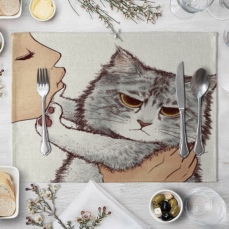 Abwaschbare Katzen Tischsets, Süße Katze Cartoon als Tiermuster