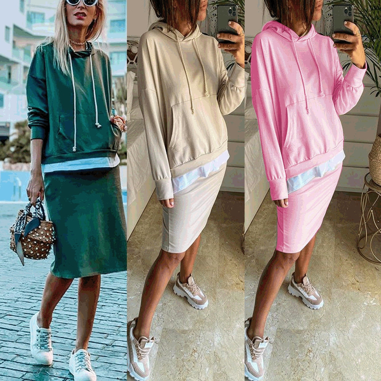 Damen Casual zweiteiler elegant Hoodie Sweatshirt und Harajuku, A-Linie Röcke mit fronttasche Anzug