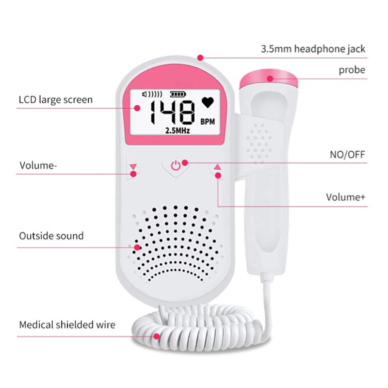 Baby Monitor Fetal Doppler Ultraschall Foetus Doppler Detektor, Home Portable Sonar Doppler für Schwangere 2.5MHz, keine Strahlung