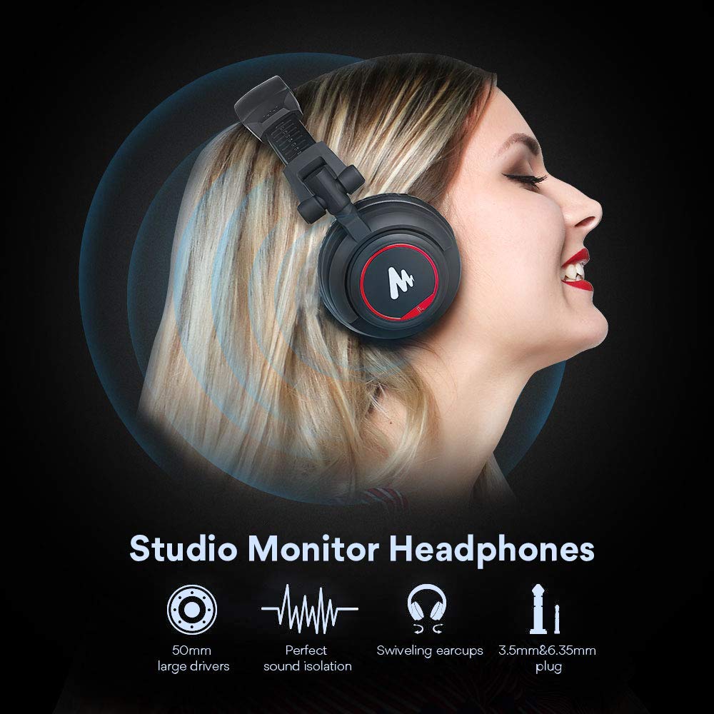 Maono Monitor Kopfhörer 50 mm Treiber Over Ear Studio, Leichte faltbare Kopfhörer für Smartphone Computer Podcast