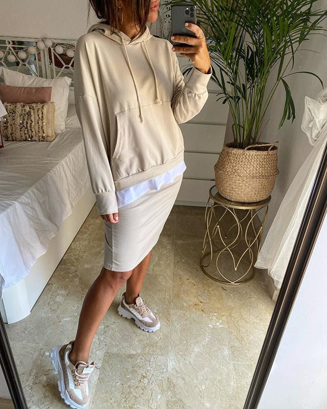 Damen Casual zweiteiler elegant Hoodie Sweatshirt und Harajuku, A-Linie Röcke mit fronttasche Anzug