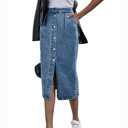 Einreihiger Knielanger Jeansrock für Damen