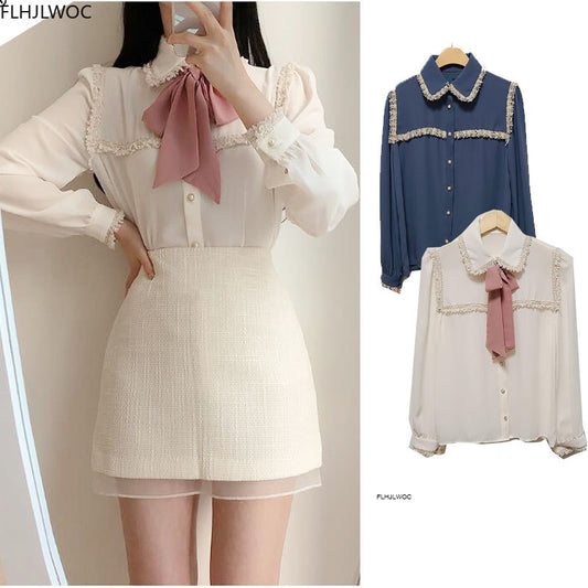 Elegante Formale Hemden-Blusen, Nette Fliege-Tops mit Japaner Korea Design Knopf