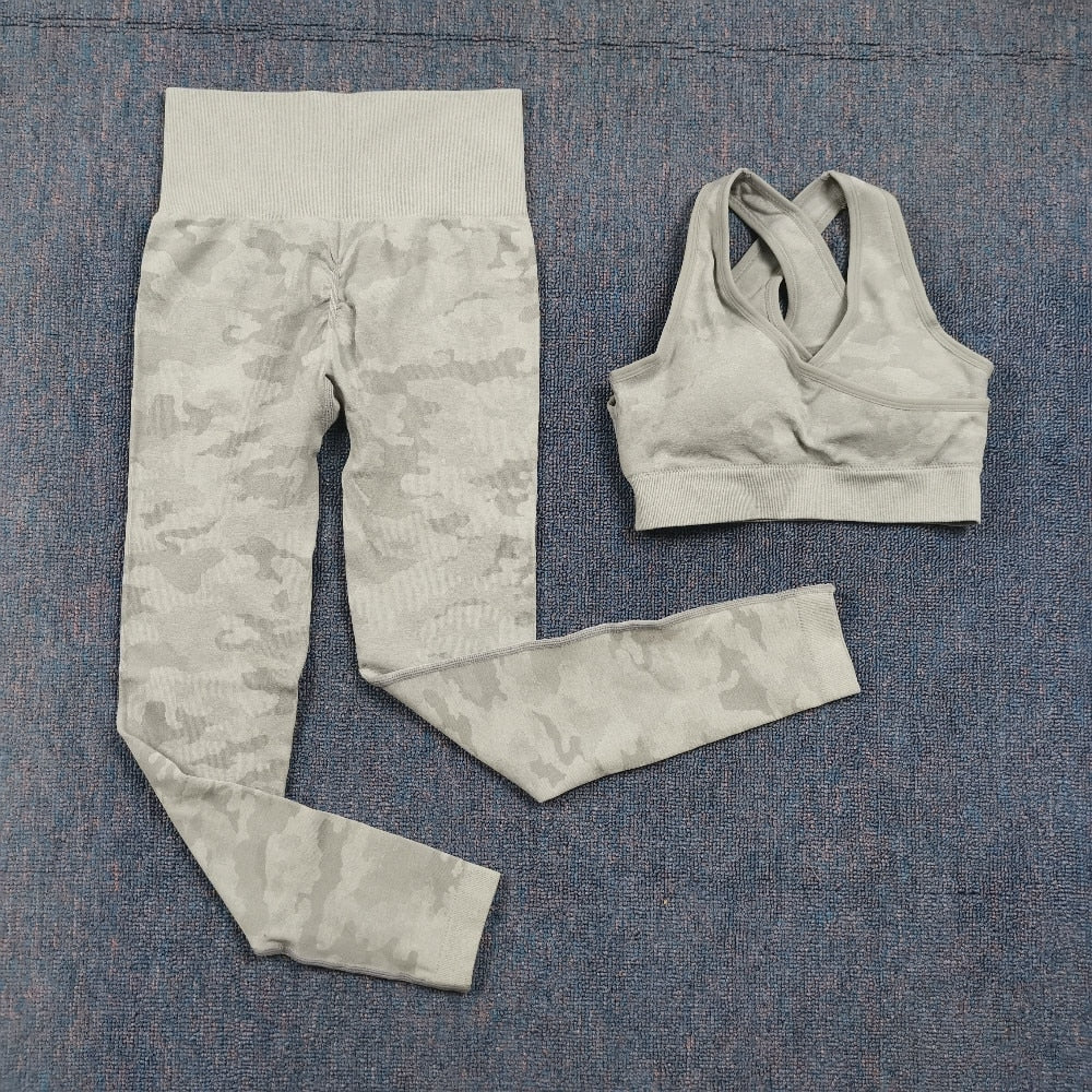 3 Teile / satz Damen Camouflage Yoga Set, Yoga-Leggings für Frauen, gestreifte Kompressionshose
