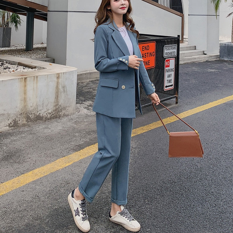 Damenmode Langarm zweireiher Blazer Anzug, Blazer Hosenanzug für Bürodamen