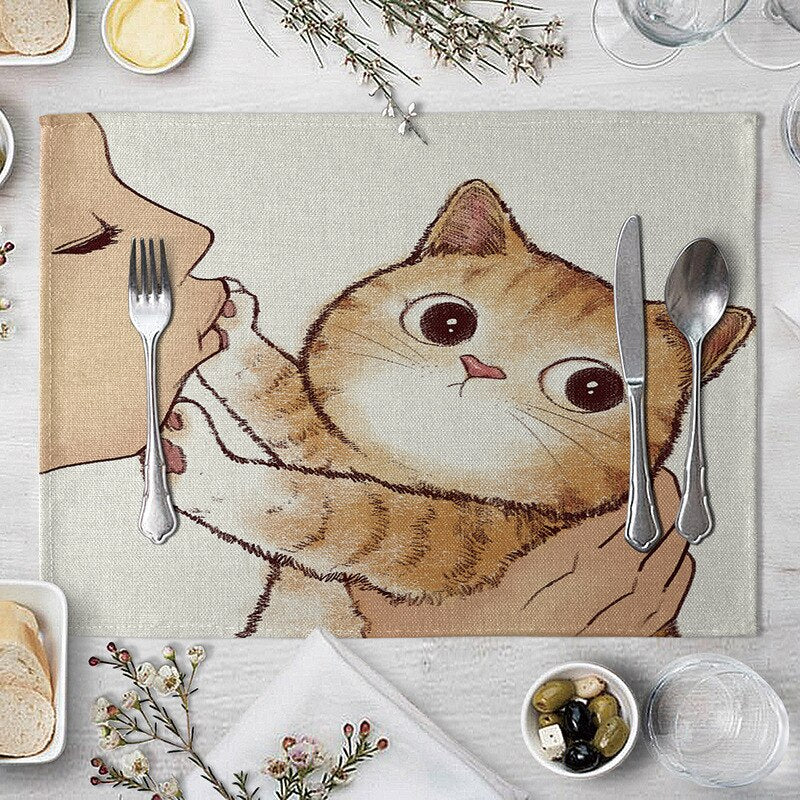 Abwaschbare Katzen Tischsets, Süße Katze Cartoon als Tiermuster