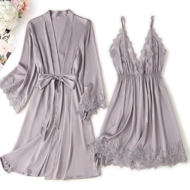 Spitzenbesatz Sexy Hochzeitsdame  Robe -Anzug, Kimono Bademantel Kleid für Mini Nachtwäsche & Intime Dessous