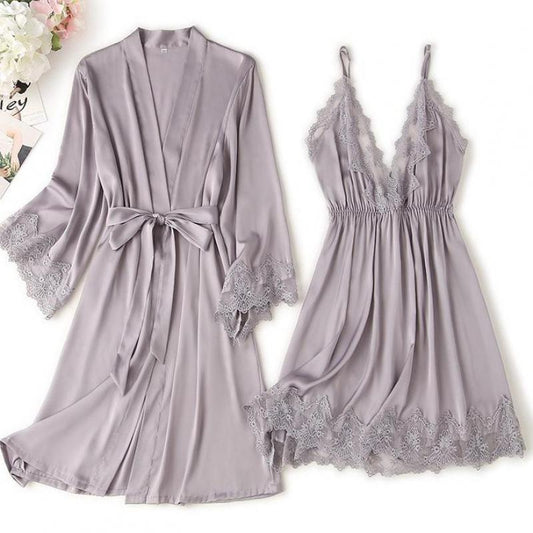 Spitzenbesatz Sexy Hochzeitsdame  Robe -Anzug, Kimono Bademantel Kleid für Mini Nachtwäsche & Intime Dessous