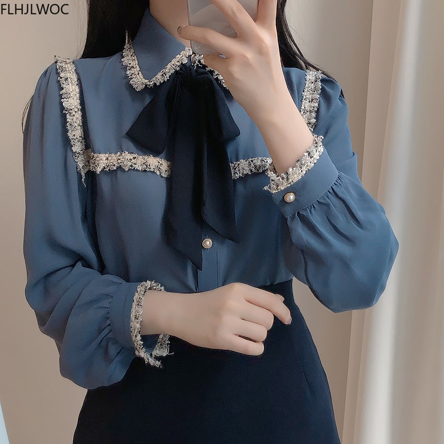 Elegante Formale Hemden-Blusen, Nette Fliege-Tops mit Japaner Korea Design Knopf