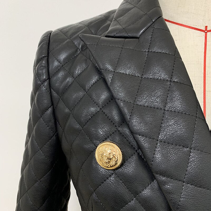 TOP QUALITÄT 2023 Damen Designerjacke Zweireihiger Löwe Knöpfe Gitter, Nähen Kunstleder Blazerst