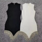 Damen Strass Quaste unregelmäßige  Rundhalsausschnitt, mehrfarbiges dünnes ärmelloses Sexy Sommerkleid