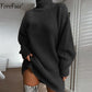 Damen Rollkragen Langarm-Pullover-Kleid für Herbst & Winter, Lose Tunika Gestrickte Lässige Kleidung