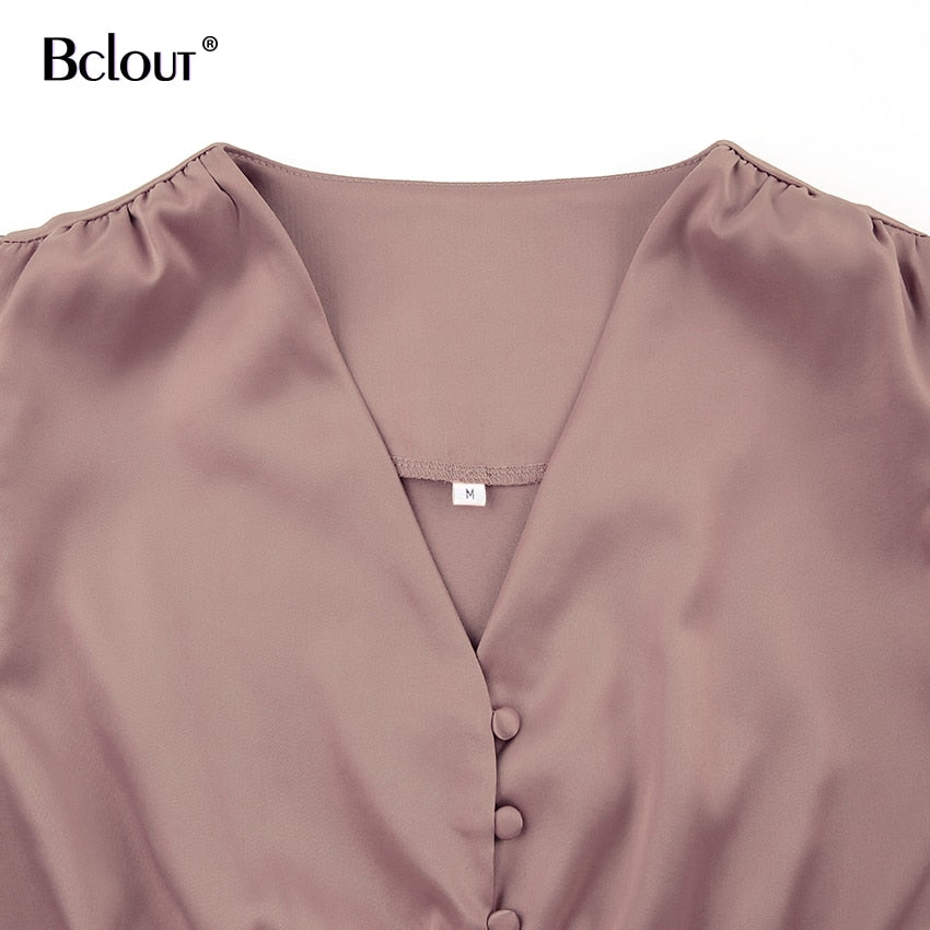 Bclout Elegant Satin Single-Breasted Shirt Dress Fashion Beige Slim V Neck Long Dresses Woman Latern Sleeve Autumn Winter Robe