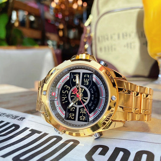 Quarz Militär Digitaluhruhr für Herren, LED Top Golduhr, Voll Stahl Armbanduhr