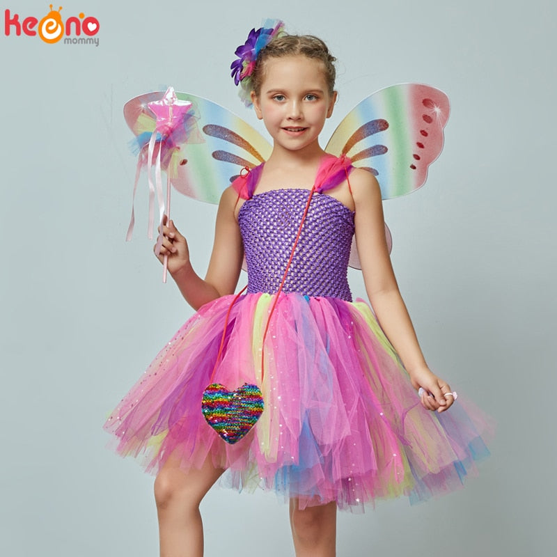 Mädchen Schmetterling Fee Kostüm Tutu Kleid, Flügel Kostüm Kinder Prinzessin Geburtstagsfeier Halloween Cosplay Kinder Frühling Tüllkleid