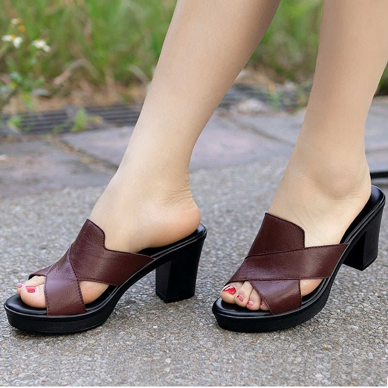 Damen High Heels Hausschuhe Sandalen, Freizeitschuhe Obermaterial aus echtem Leder, Rindsleder