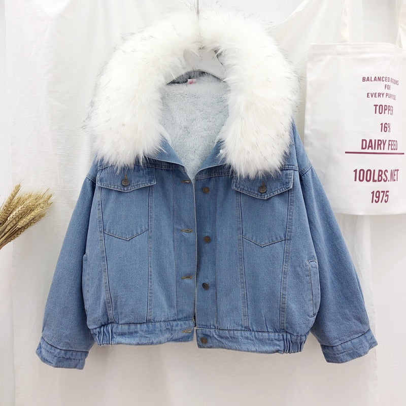 2022 Samt dicke Jeansjacke, weiblicher Winter großer Kunstpelzkragen