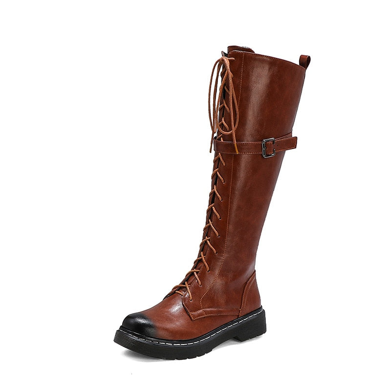 Herbst British Style Kniehohe Stiefel Für Frauen, Weibliche Stiefel Runde Zehe, Niedrige Absätze