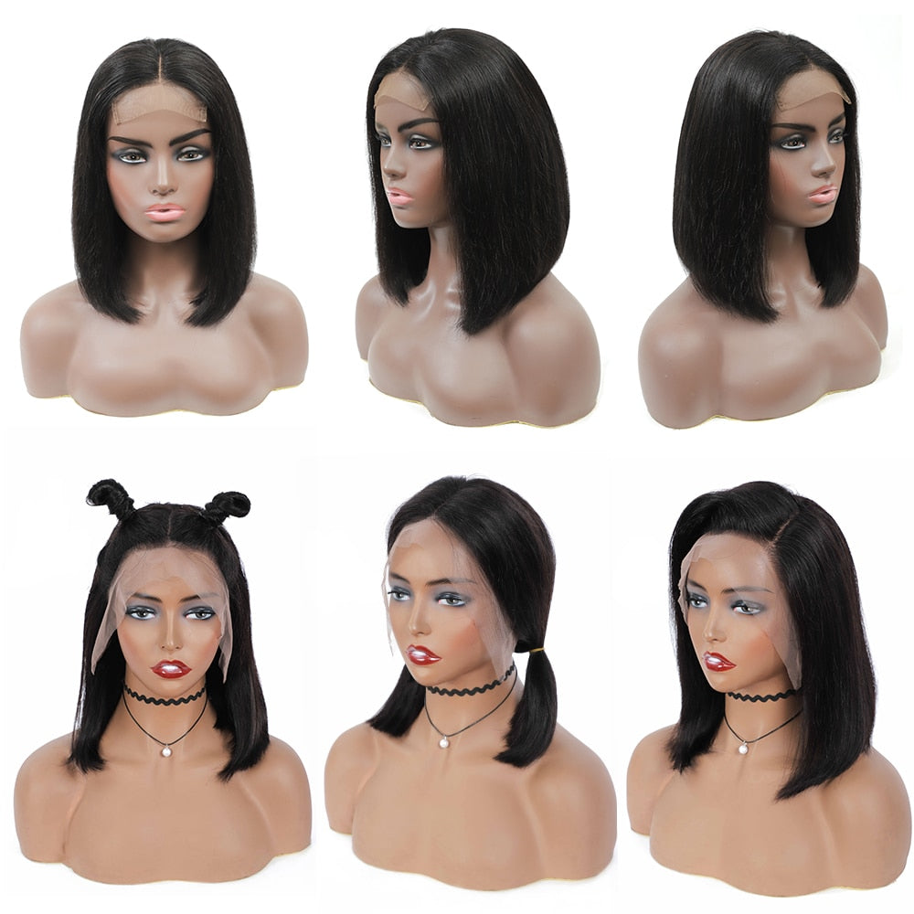 Stumpf geschnittene Bob-Perücke, brasilianische Spitzefront, Echthaar-Perücken, gerade Bob-Perücke für Frauen, Remy, 4 x 4, Spitzenverschluss, Bob-Perücken mit Babyhaar
