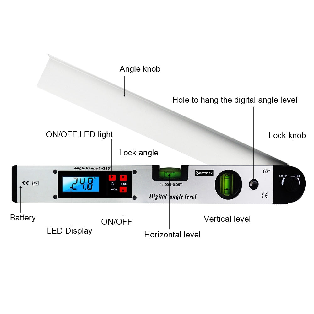 Digitaler Winkelmesser 400mm / 16 Zoll Digital，mit LCD-Wasserwaage Neigungsmesser Winkelmessgerät für vertikale horizontale Doppel-Wasserwaage