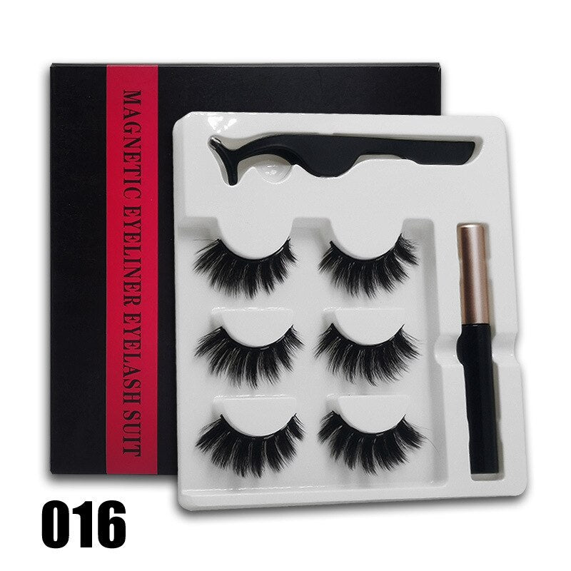 3 Paar 3D-magnetische Wimpern und flüssiger Eyeliner-Kit, natürlicher Look