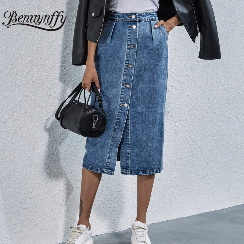 Einreihiger Knielanger Jeansrock für Damen