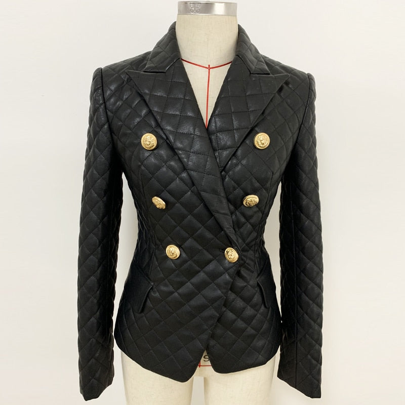 TOP QUALITÄT 2023 Damen Designerjacke Zweireihiger Löwe Knöpfe Gitter, Nähen Kunstleder Blazerst