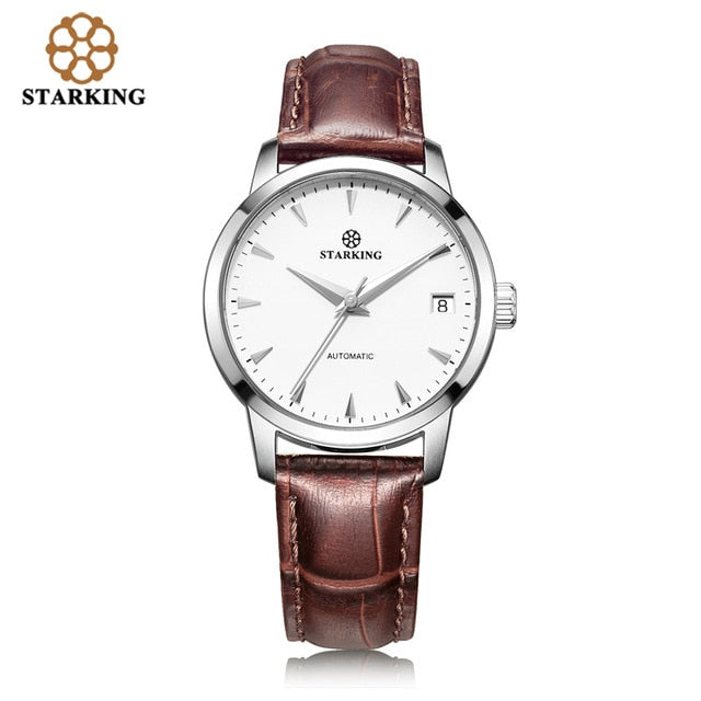 StarKing Klassische Frauen, Einfache Uhr Automatisch aus Edelstahl, Weißes Zifferblatt Armbanduhr, Auto Datum Damen Mechanisch Relogio Feminino