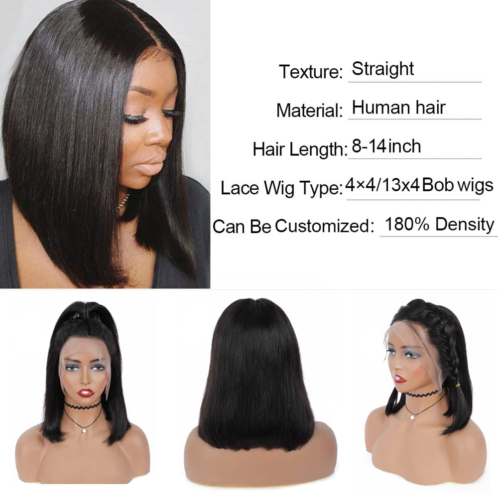 Stumpf geschnittene Bob-Perücke, brasilianische Spitzefront, Echthaar-Perücken, gerade Bob-Perücke für Frauen, Remy, 4 x 4, Spitzenverschluss, Bob-Perücken mit Babyhaar