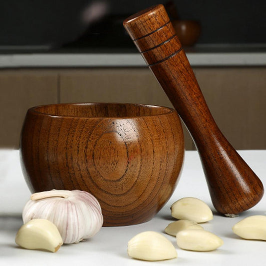 Gestampfter Knoblauchglas-Mörser, alte Mode-Holzmühle, rund, glatt, handpoliert, Stößel-Set zum Mahlen von Kräutern, Gewürzen, Körnern, Pfeffer