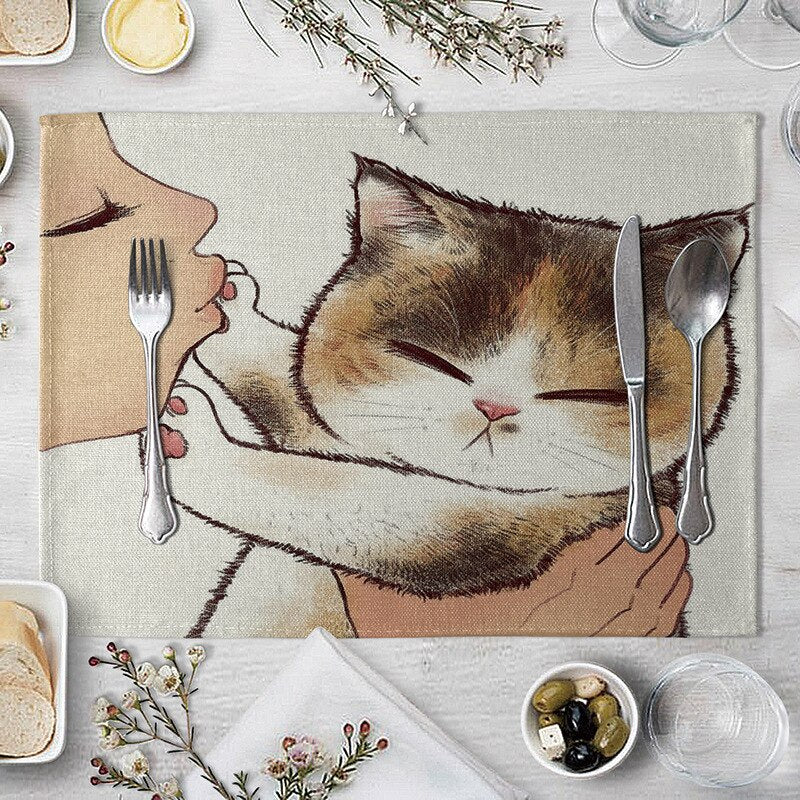 Abwaschbare Katzen Tischsets, Süße Katze Cartoon als Tiermuster