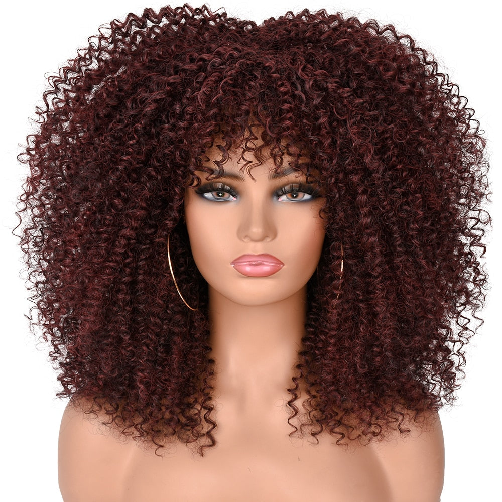 Kurzes Haar Afro Kinky Curly Perücken mit Pony für schwarze Frauen, afrikanische synthetische  Lolita Perücken