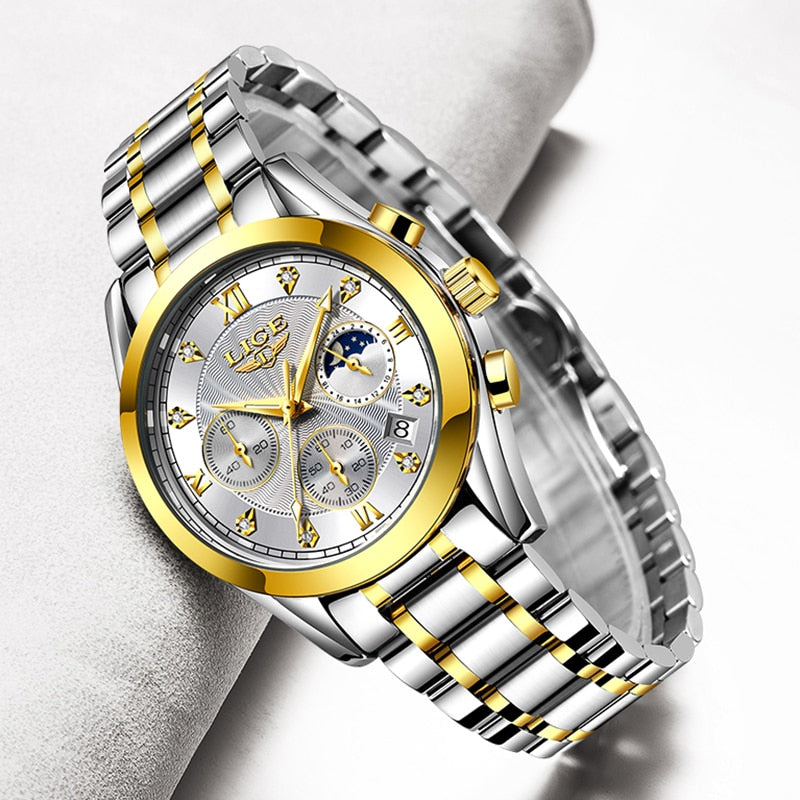 LIGE 2022 Neue Gold Uhr, Frauen Uhren Damen Kreativ Stahl, Armband Uhren Frauen Wasserdicht