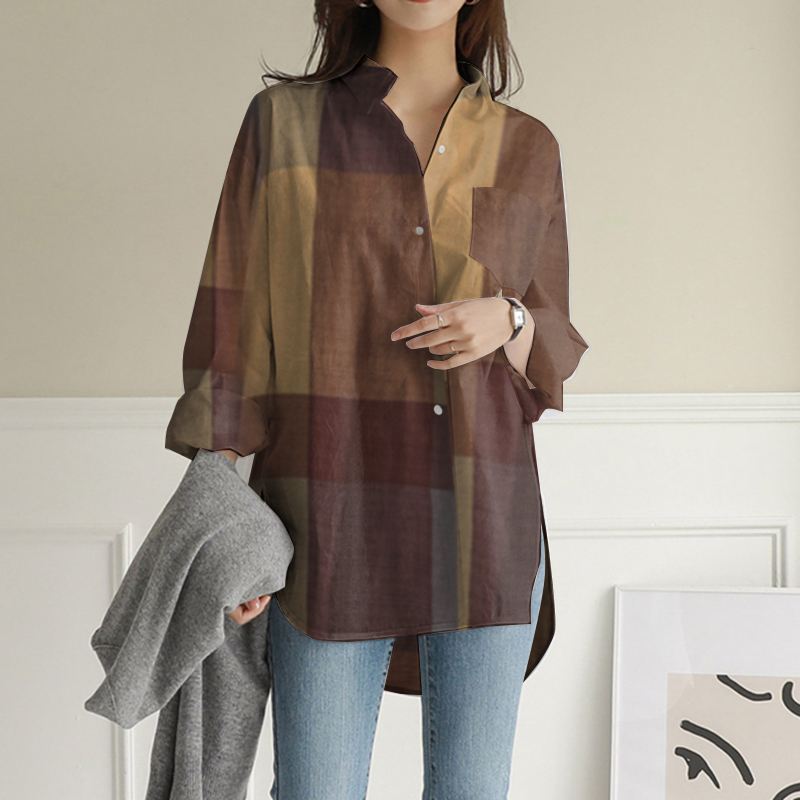 Women Kaftan Long Sleeve Blouses ZANZEA Casual Loose Work Shirt Pockets Asymmetrical Chemise Autumn Plaid Tops
