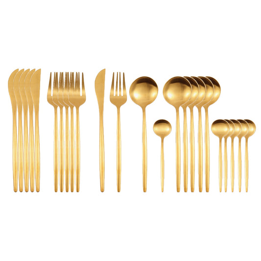 24-teiliges Geschirr-Set aus mattem Gold, Edelstahl 18/10, Messer, Gabel und Löffel Set