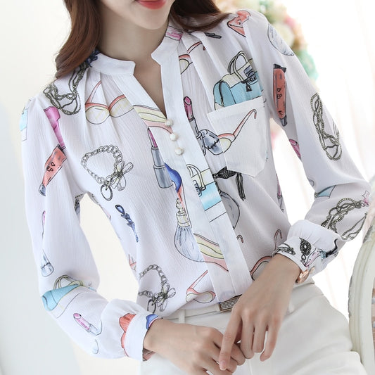 Neue Mode Plus Größe Frauen Tops Shirt Weiß Druck Dünne Weibliche Kleidung Langarm, Chiffon Bluse Frauen
