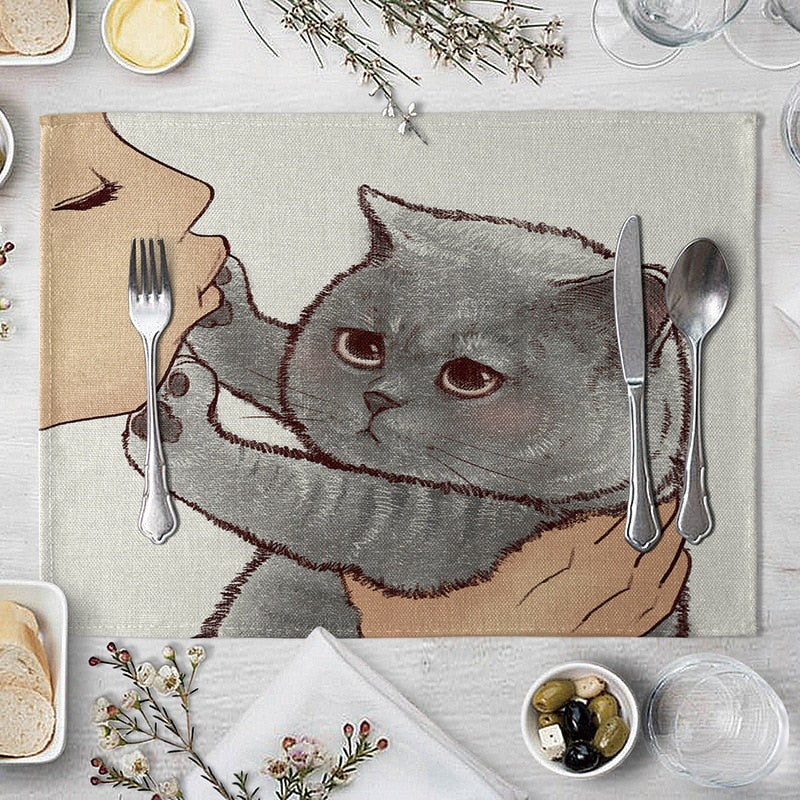 Abwaschbare Katzen Tischsets, Süße Katze Cartoon als Tiermuster