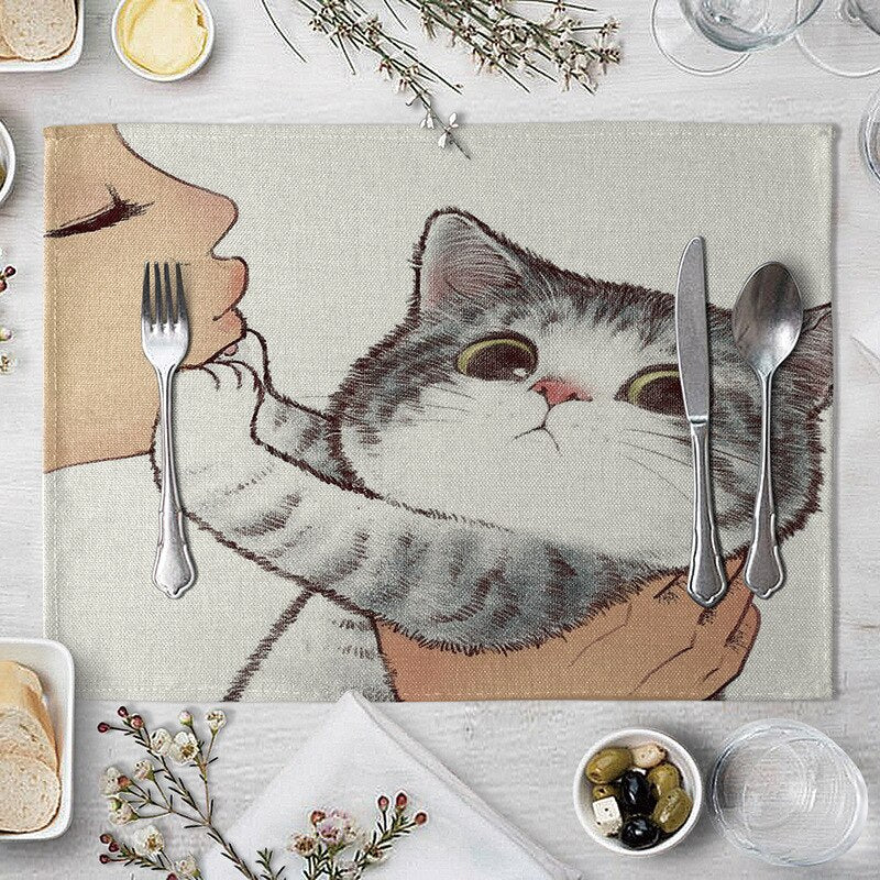 Abwaschbare Katzen Tischsets, Süße Katze Cartoon als Tiermuster